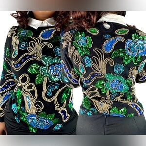 Carducci Vintage Embellished Black Green Blue Gold Beaded Sequin Jumper Sweater